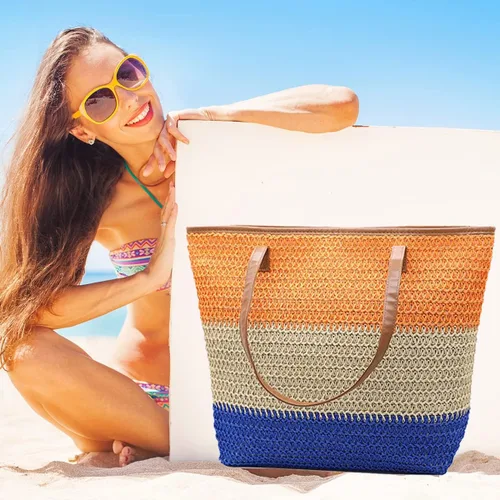 Vista 110 de Bolso grande de paja para mujer, tejido de ratán, bolso de playa de verano, a rayas