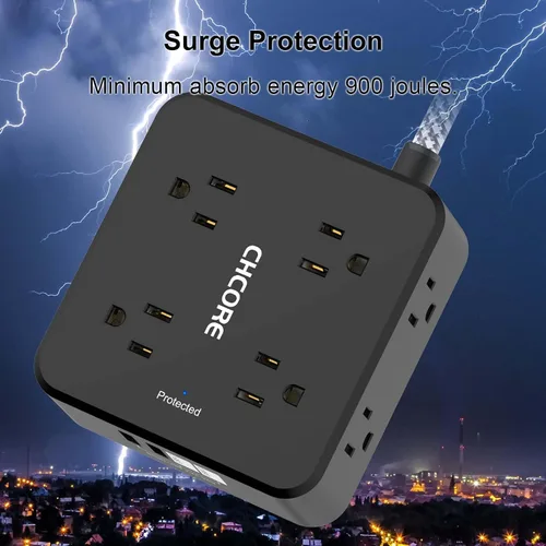 Vista 6 de Protector de Sobretensiones Tira de Alimentación - CHCORE Cable de Extensión Trenzado de 5 Pies con 8 Tomas con 4 Puertos USB (2 USB C) Estación