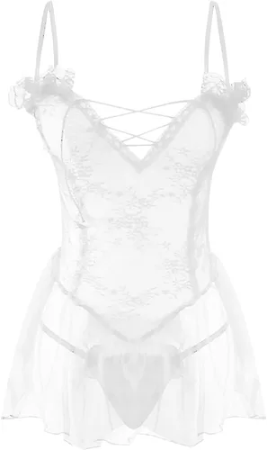 Vista 4 de Women Lingerie Lace Babydoll Chemise Ruffle Nightgown Sleepwear Sexy Maid Lingerie for Women Cosplay Lingerie