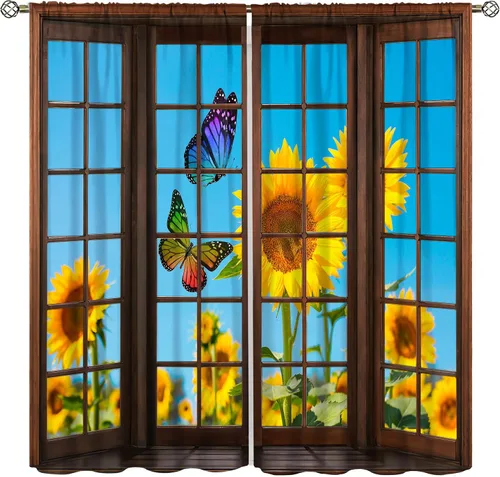 Vista 20 de Sunflower Curtains for Living Room Bedroom, Spring Nature Blue Sky and Butterfly Window Drapes, Rustic Wooden Fence Floral Botanical Decor, 2 Panels
