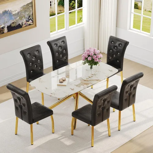 Vista 14 de Juego de mesa de comedor moderna para mesa de comedor negra de 4,63 pulgadas, juego de 4 con patas de metal dorado, mesa de cocina rectangular