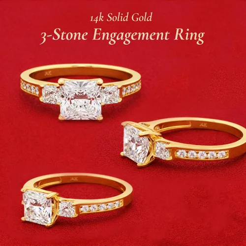 Vista 7 de Ioka - Anillo de compromiso de circonita cúbica de talla princesa de 3 piedras de oro macizo de 14 quilates de 1,5 quilates para mujer Anillo