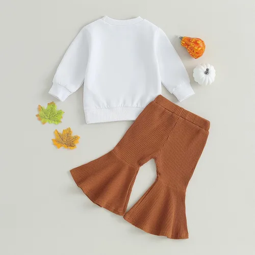 Vista 4 de Wrrkayly Trajes de Halloween para bebés y niñas pequeñas, de manga larga, con volantes de calabaza, sin botones, pantalones acampanados, ropa de bebé