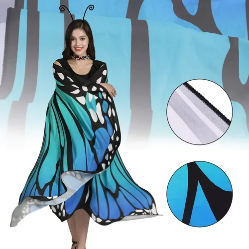 Vista 6 de Jeicy Halloween Butterfly Wings Shawl Fairy Lady Cape Nymph Pixie for Women Girls Halloween Costumes with Antenna Headband