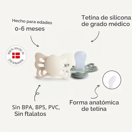 Vista 3 de FRIGG Butterfly Anatomical SilkySoft - Chupete de silicona para bebé, fabricado en Dinamarca, sin BPA (cedro/rosa bebé, 0-6 meses)