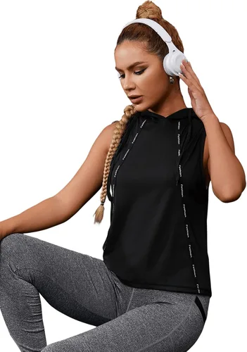 Vista 7 de SweatyRocks Camiseta sin mangas con capucha para mujer, con estampado de letras, de secado rápido