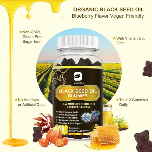 Vista 4 de Gomitas de aceite de semilla negra con Ashwagandha y musgo marino irlandés y saúco, suplemento de apoyo inmunológico con vitamina C, D3, zinc