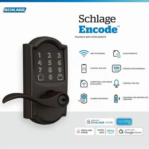 Vista 2 de Schlage Encode Smart WiFi Lock, manija de palanca, borde Camelot, bronce