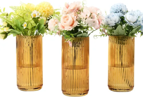 Vista 15 de Jarrón de vidrio ámbar, florero de cristal, jarrón de vidrio acanalado, moderno jarrón para flores, jarrón alto de vidrio para sala de estar, mesa