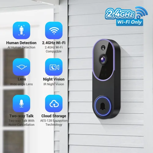 Vista 2 de Cámaras de timbre de video inalámbrico 1080P con detección humana AI y alertas de detección de movimiento, audio bidireccional