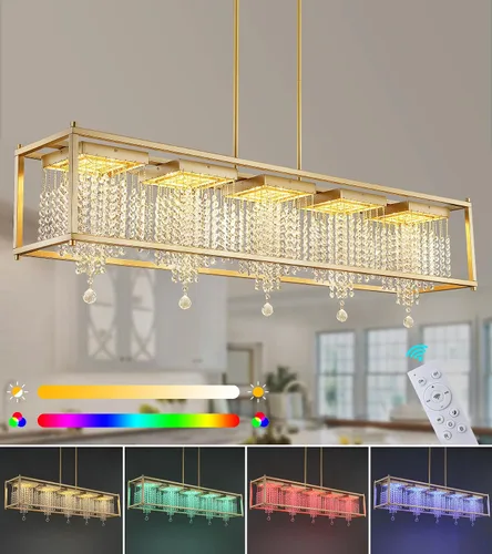 Vista 10 de MEIXISUE Candelabros modernos de cristal K9 RGB LED Rectango, lámparas de araña para comedor, sala de estar, cocina, isla de 33.86 pulgadas de largo