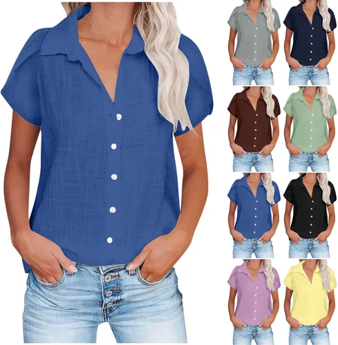 Vista 16 de Camisetas de verano para mujer, de manga corta, pétalos, de lino, con bolsillo, casual, con botones, blusas básicas