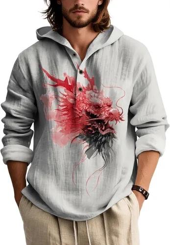 Vista 17 de Sudadera con capucha con estampado novedoso para hombre, multiestilo, manga larga, casual, con botones de un cuarto