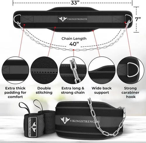Vista 2 de Vikingstrength Cinturón de inmersión para levantamiento de pesas, incluyendo muñequeras. Cinturón acolchado de alta calidad con cadena larga
