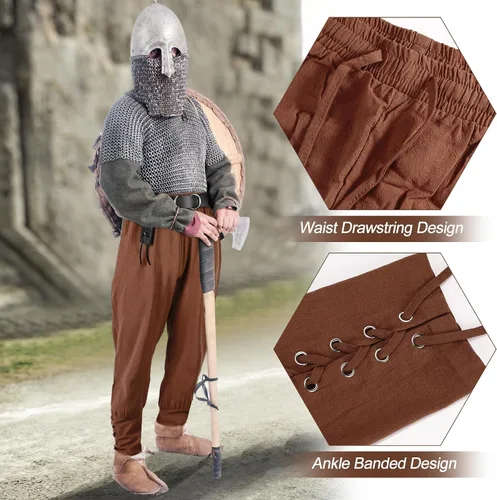 Vista 6 de 3 unidades de pantalones pirata renacentista para hombre, para Halloween, medievales, pirata, con bandas de tobillo, cinturón vikingo para pirata
