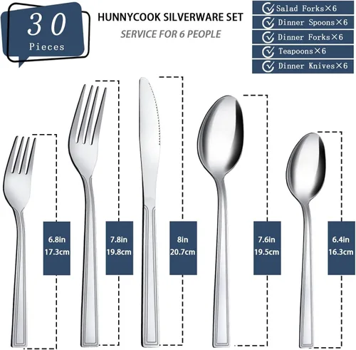 Vista 2 de Hunnycook Juego de cubiertos de 30 piezas – Juego de cubiertos de acero inoxidable para 6, incluye cucharas y tenedores, pulido de espejo, apto