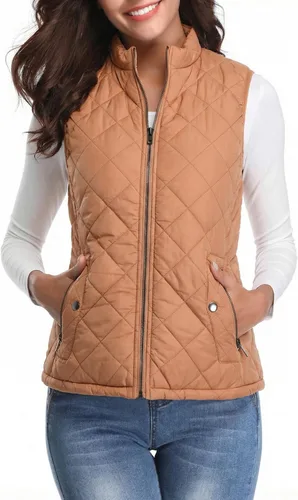 Vista 13 de Fuinloth Women's Quilted Vest Lightweight Puffer Stand Collar Zip Gilet Beige
