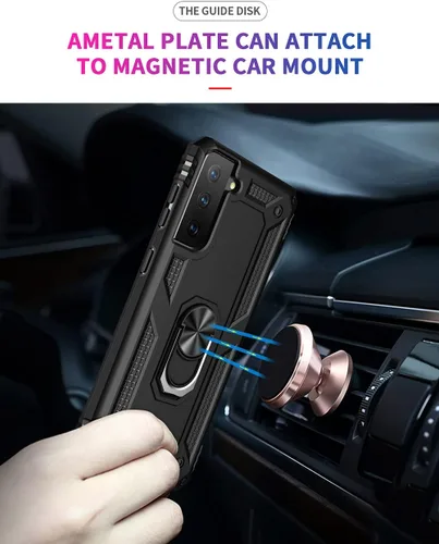 Vista 2 de Androgate Funda compatible con Samsung Galaxy S21 FE 5G con protectores de pantalla HD, soporte de anillo de metal de grado militar, prueba de Negro