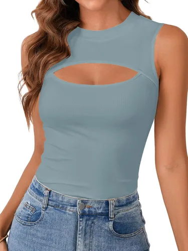 Vista 28 de Vrtige Camiseta sin mangas sexy con cuello redondo para mujer, de punto acanalado, sin mangas, ajustada