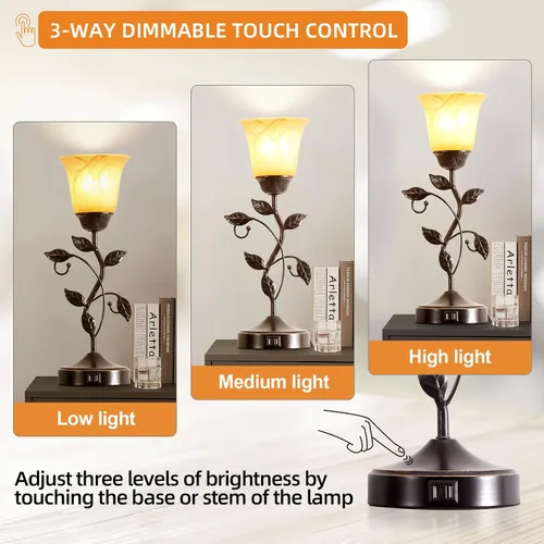 Vista 4 de Lámpara de mesa con control táctil con 2 puertos de carga USB, lámparas de mesita de noche regulables de 3 vías, pantalla de vidrio ámbar, lámpara