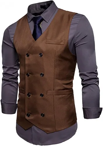 Vista 2 de Cloudstyle Chaleco para hombre, doble botonadura con cuello en V, ajustado, chaleco formal para negocios, chaleco de negocios Café