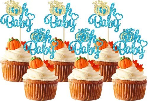 Vista 24 de Gyufise Decoración de pastel de calabaza – Decoración azul para pastel de baby shower para cumpleaños, Halloween, suministros de fiesta de Acción