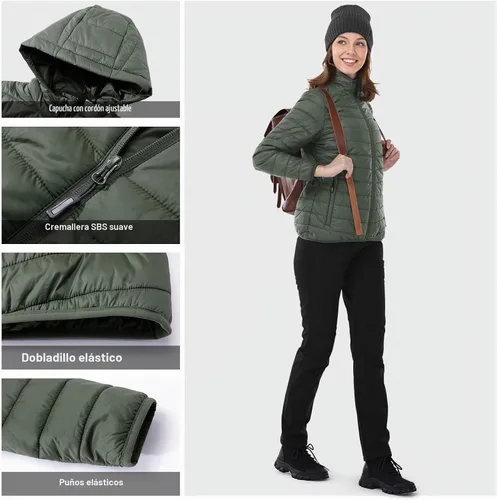 Vista 5 de Outdoor Ventures Chaqueta Puffer Ligera Empacable para Mujer con Cremallera Completa y Capucha, Abrigo de Invierno Acolchado Verde militar