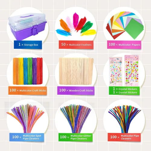 Vista 3 de kortes Suministros de arte y manualidades jumbo para niños, juego de suministros de arte de bricolaje incluye limpiapipas, pompones, plumas, caja