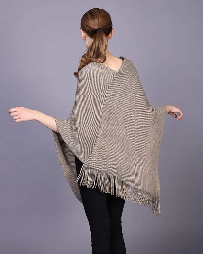 Vista 6 de Poncho para mujer cuello en V suéter de punto chales capas con flecos regalos para mujeres y madres