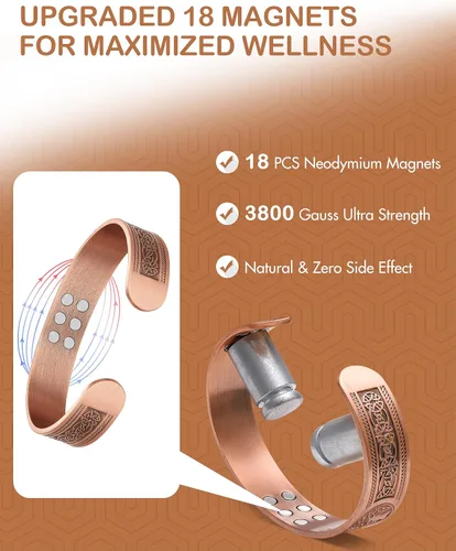 Vista 3 de Feraco Pulsera de cobre para hombre, alivio del dolor, pulsera magnética de fuerza mejorada 18X con imanes de neodimio, regalo de joyería de cobre