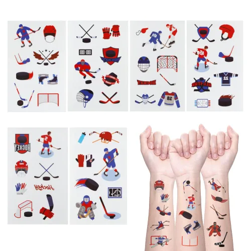 Vista 4 de 24 hojas de tatuajes temporales de hockey sobre hielo, decoraciones de cumpleaños, recuerdos de fiesta de hockey