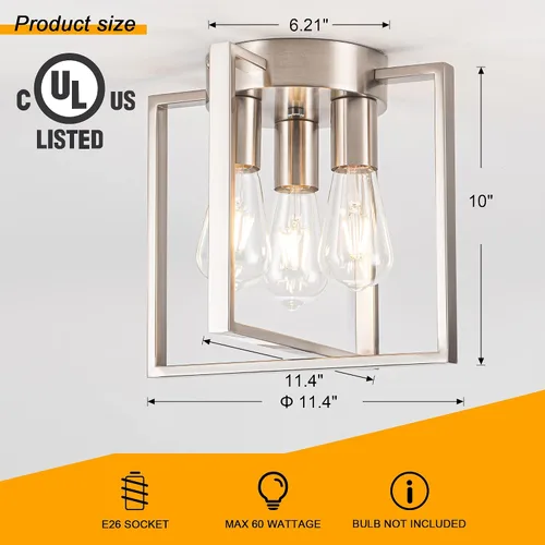 Vista 2 de Lámpara de montaje empotrado de 3 luces, marco de metal de níquel cepillado con jaula de metal geométrica contemporánea, para sala de estar, cocina