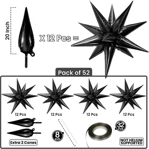 Vista 2 de Globos de papel de aluminio con forma de cono de estrella en explosión, negro, 20 pulgadas, para decoraciones de cumpleaños y graduaciones 2022, 50