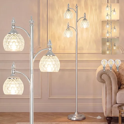 Vista 20 de JUNNAI Lámparas de pie negras para sala de estar, lámparas de pie de 66.5 pulgadas con pantalla de cristal, luces de brillo de 3 vías, lámpara
