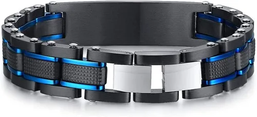Vista 3 de MEALGUET Pulsera de identificación de alerta médica de acero inoxidable masculino de 2 tonos para hombre, grabado gratuito, negro, azul, para hombre
