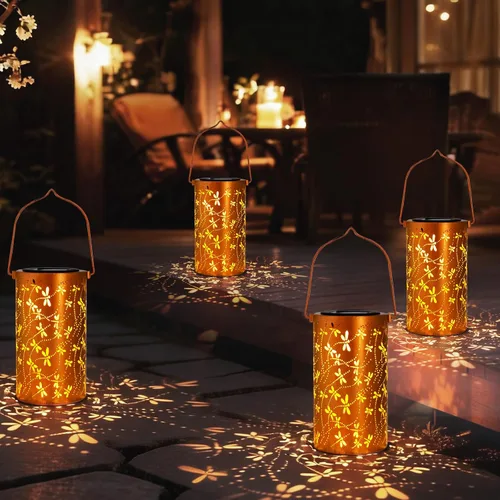 Vista 16 de Linternas solares para colgar al aire libre, linterna LED impermeable de metal con energía solar, decoración de patio, linterna con asa, idea