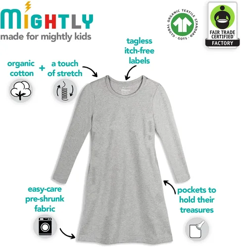 Vista 5 de Mightly Vestidos de manga larga para niña, paquete de 2 unidades, algodón orgánico, para la escuela de niños pequeños y niños, fiestas