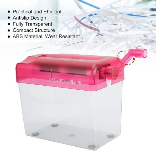 Vista 2 de Kudoo Trituradora manual, trituradora de papel de manivela, A6, mini trituradora totalmente transparente, funciona manualmente, corte cruzado
