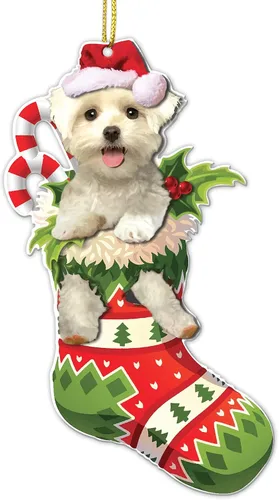 Vista 12 de Adorno acrílico plano de Navidad para perro de montaña bernés, adorable cachorro de montaña bernés en calcetín con bastones de caramelo, decoración