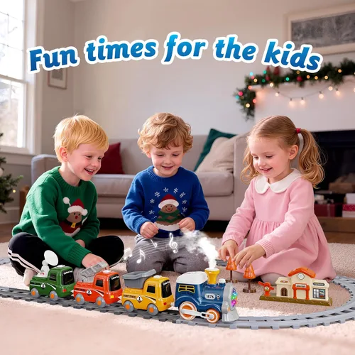 Vista 2 de Hot Bee Juego de tren para niños pequeños con vapor - Tren Choo Choo con luz y sonido, juego de tren eléctrico para niños de 2 a 4, juguetes de tren