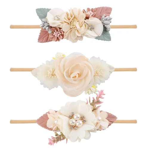 Vista 15 de cherrboll 3 diademas de flores para bebé, súper suaves y elásticas, de nailon, para recién nacidas