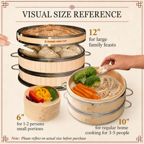 Vista 5 de Dumpling - Vaporera de Bambú de 10 Pulgadas, Canasta de Madera de 2 Niveles con Mango, Adaptador de Anillo, Forro de Silicona Reutilizable, Kit