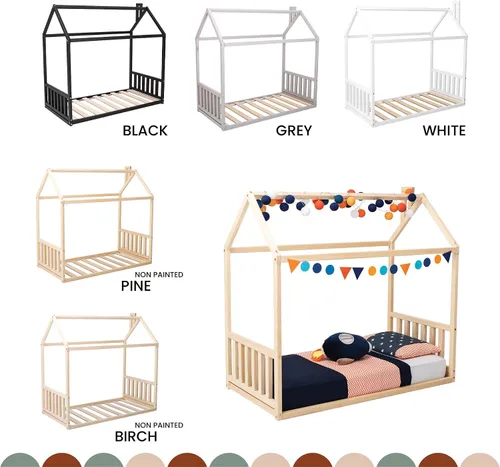 Vista 8 de Casa de la cama de los niños con rieles, Montessori cama de piso para niños pequeños, marco de cama en forma de casa Kds, marco de cama Montessori