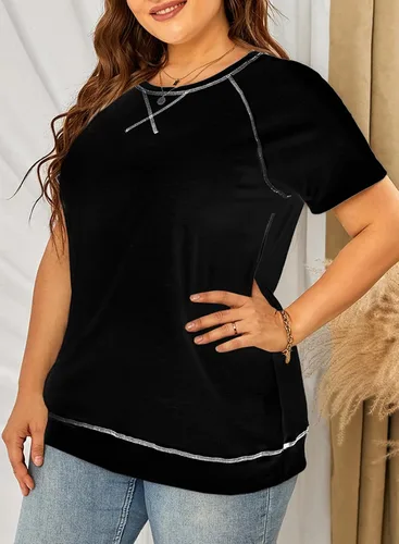 Vista 9 de Eytino Blusas de talla grande para mujer, cuello en V, manga corta, a rayas, casual, holgada, con bolsillo (1X-5X)