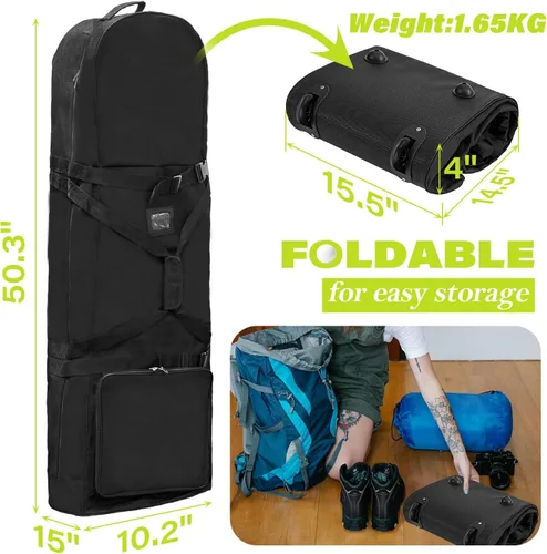 Vista 2 de Bolsa de viaje de golf para exteriores, correas de hombro desmontables y ruedas de goma, fundas de viaje plegables suaves para palos de golf, Oxford