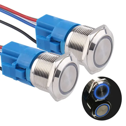 Vista 20 de Paquete de 2 interruptores de botón momentáneos de 0.63 pulgadas, 12 V-24 V, LED, impermeable, de metal, 1 NO 1 NC, con enchufe de cable