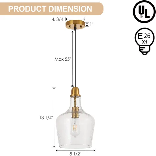 Vista 5 de Lámpara Colgante de Vidrio Moderna de Latón 1 Luz Individual con Cúpula Luminarias Colgantes para Isla de Cocina Comedor Pasillo, Diámetro 9 Latón