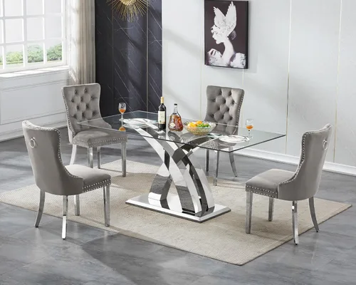 Vista 28 de Juego de mesa de comedor de cristal plateado moderno de 70 pulgadas para 4, juego de mesa de comedor rectangular de 5 piezas con patas de acero