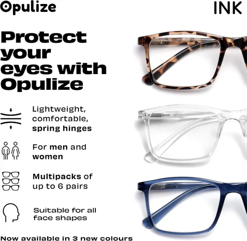 Vista 6 de OPULIZE INK - Gafas de lectura – Paquete económico de 2 – Marco rectangular grande – Bisagras de resorte – Resistente a los arañazos – Brazo negro