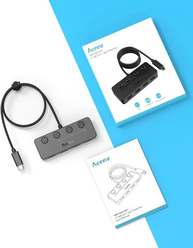 Vista 9 de Aceele Hub USB C, USB C a 4 puertos USB 3.0 Hub con puerto de alimentación tipo C e interruptores individuales de encendido/apagado, divisor USB C